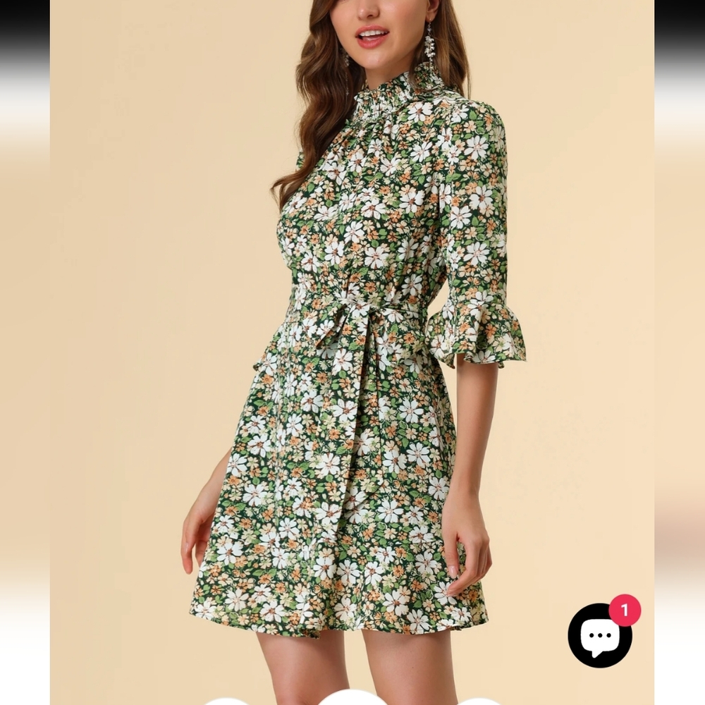 Allegra K Floral 3/4 Bell Sleeves Smocked Belted Flare Ruffle Dress Size S - Picture 4 of 16